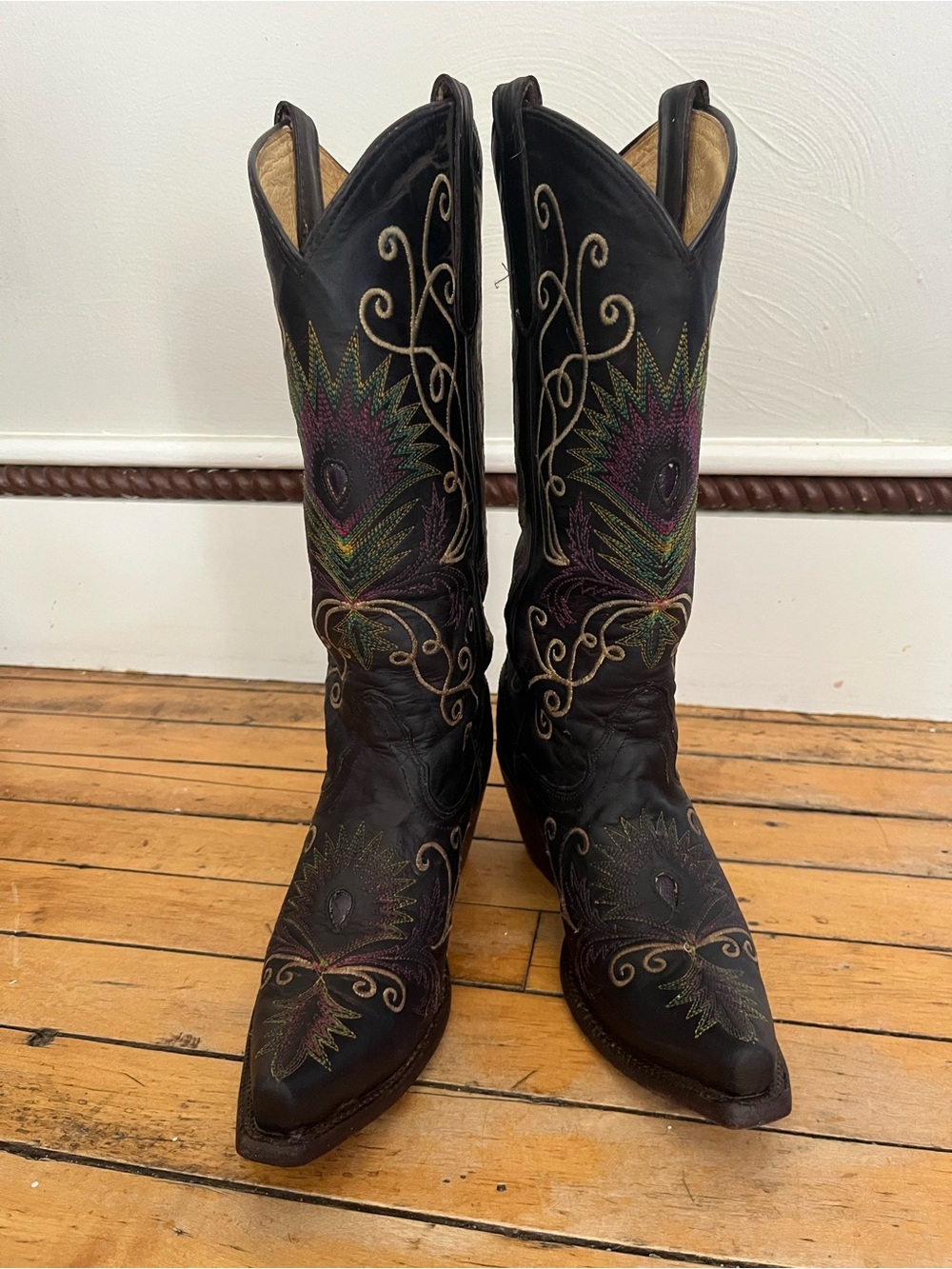 Tony Lama Black Western Boots with Multicolor Peacock Embroidery